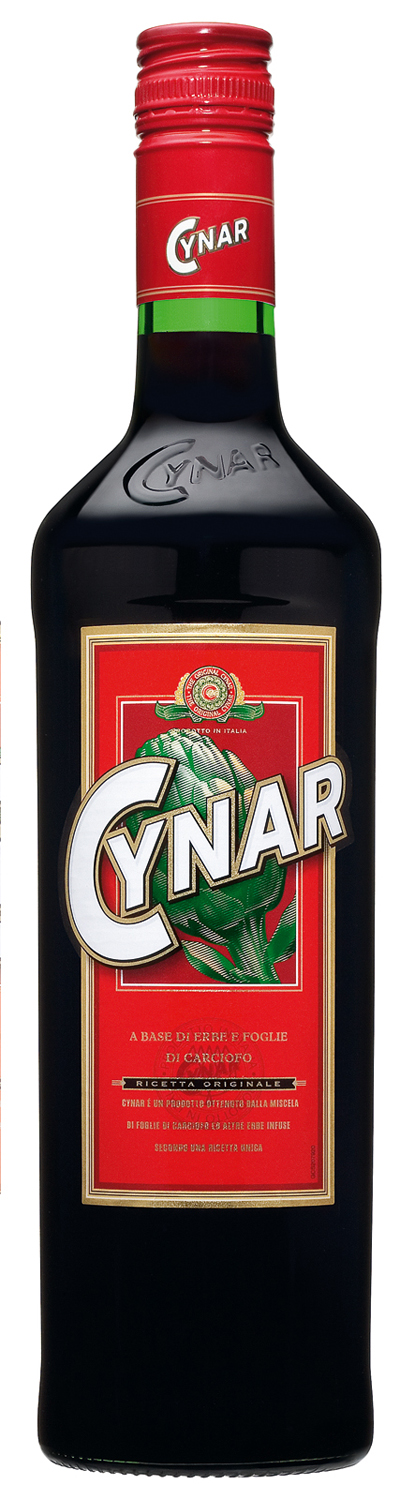 en flaska med röd etikett cynar bitter