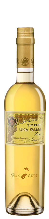 en flaska sherry tio pepe - una palma med gul etikett