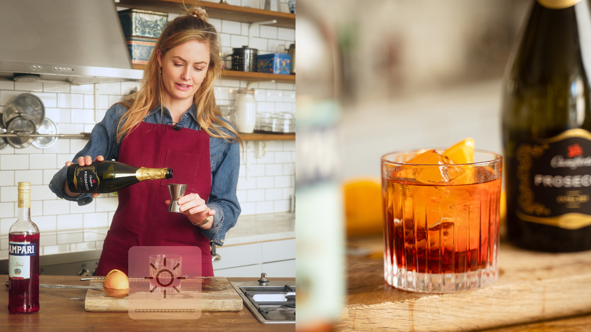 Alice blandar en drink i ett kök med campari