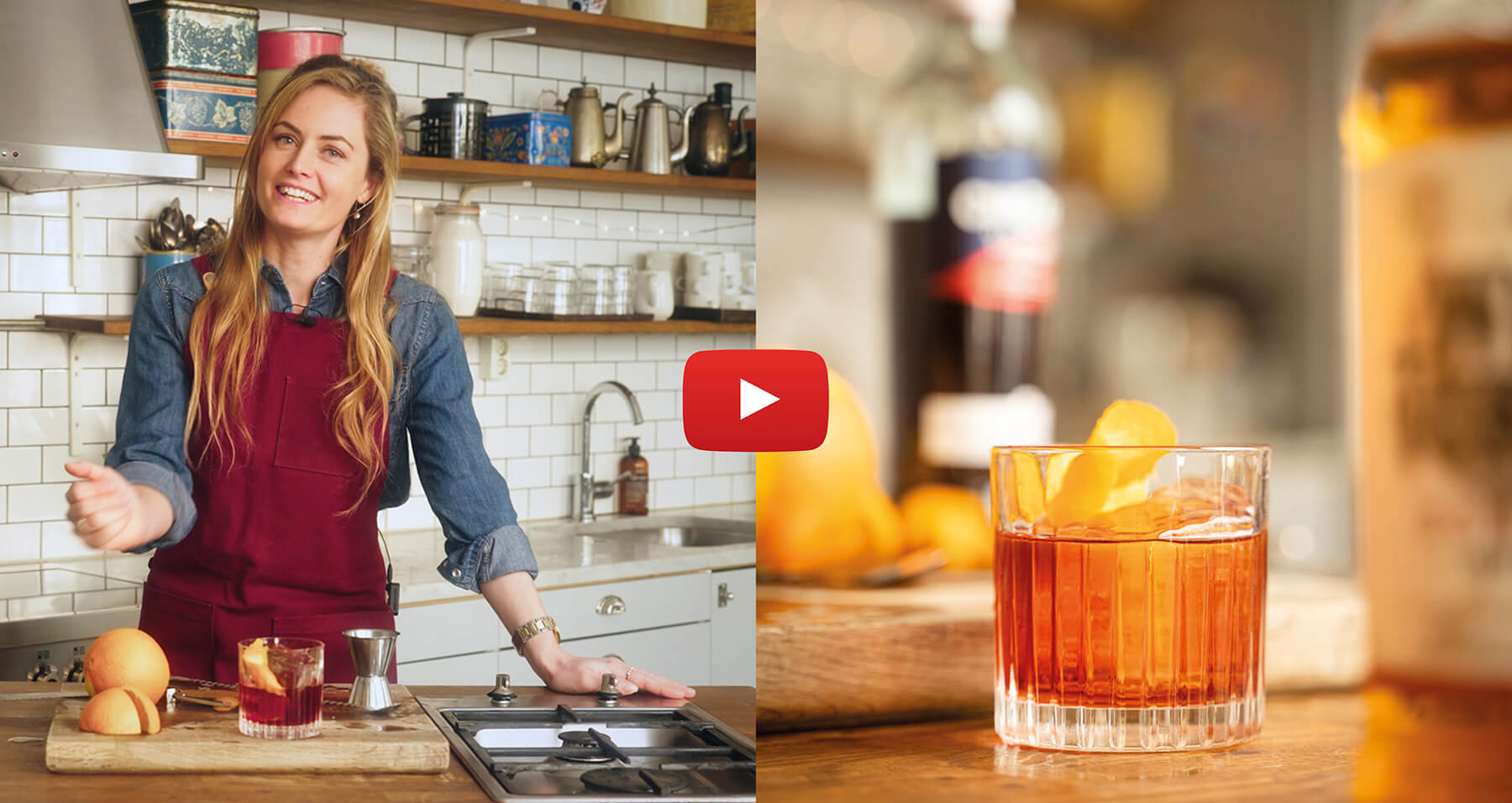 boulvevardier drink med campari som alice blandar i ett kök