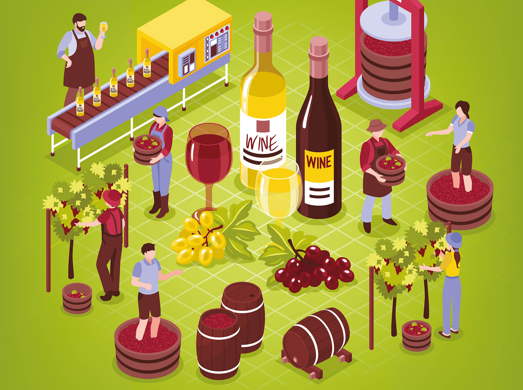 teckand bild över vinframställning