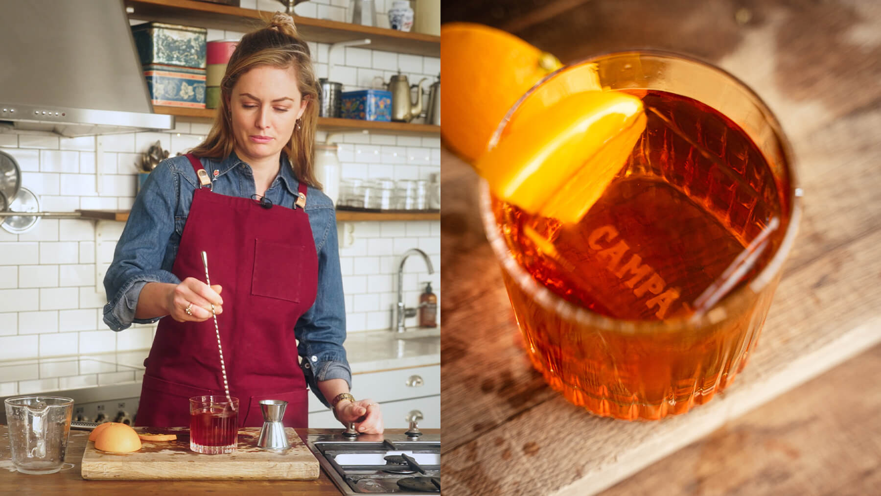 alice står i ett kök och blandar en negroni