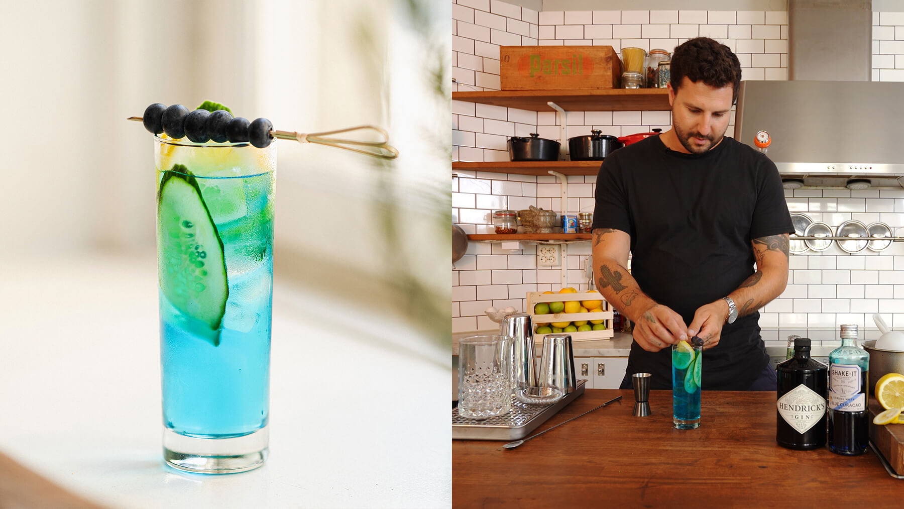 petter och som blandar en blå gin och tonic