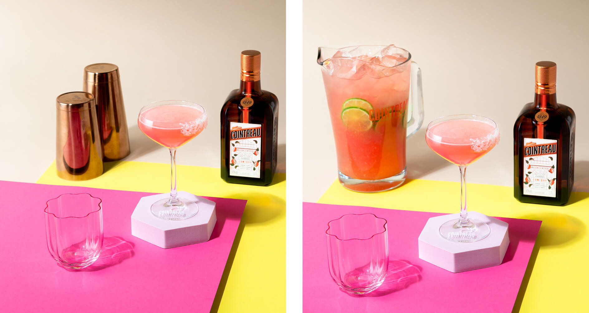 en drink på rosa papper och gult papper med en flaska cointreau