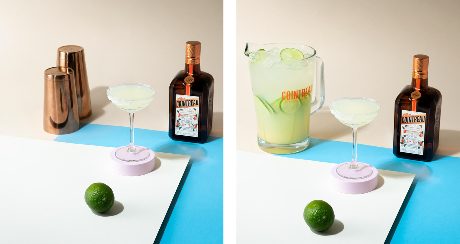 fläder margarita i glas och kanna på bord med papper