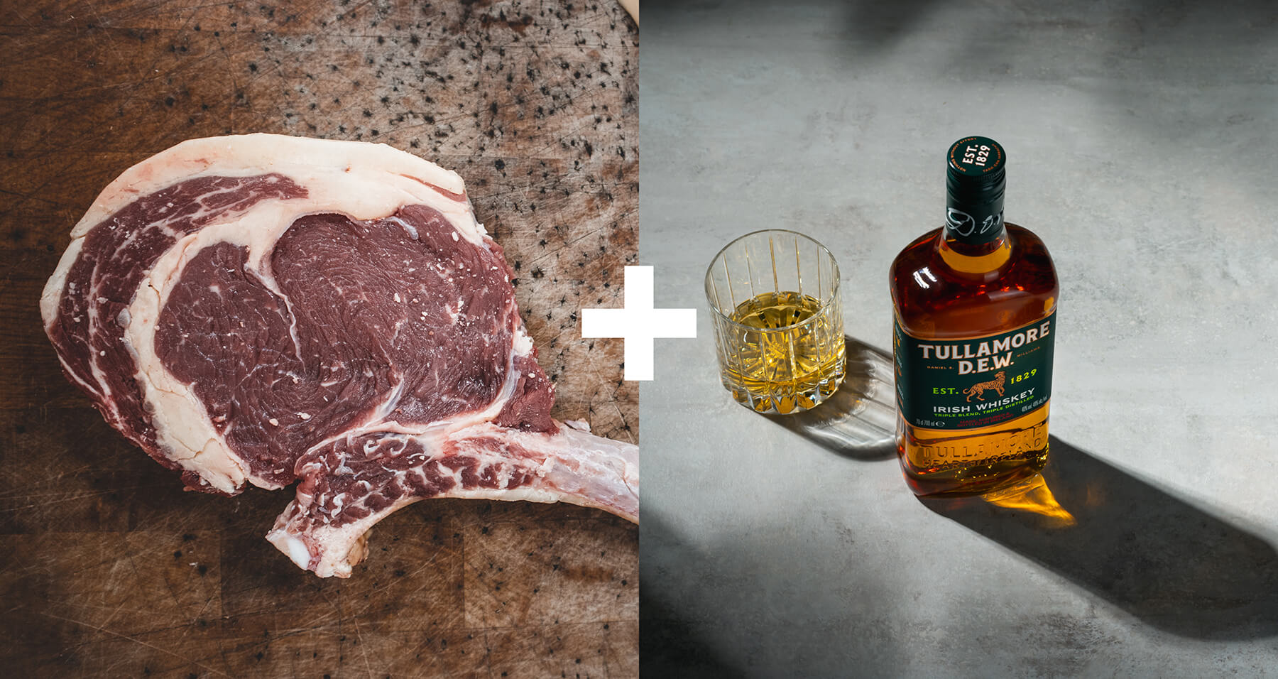 whisky i mat går det? flaska och en stor köttbit