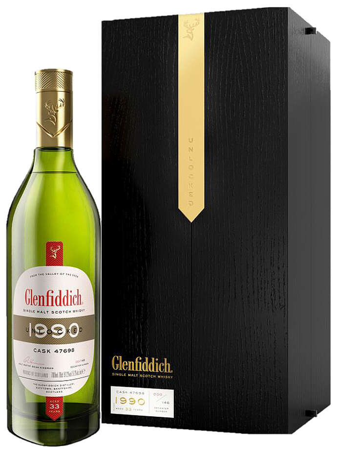 en flaska whisky med presentbox glenfiddich