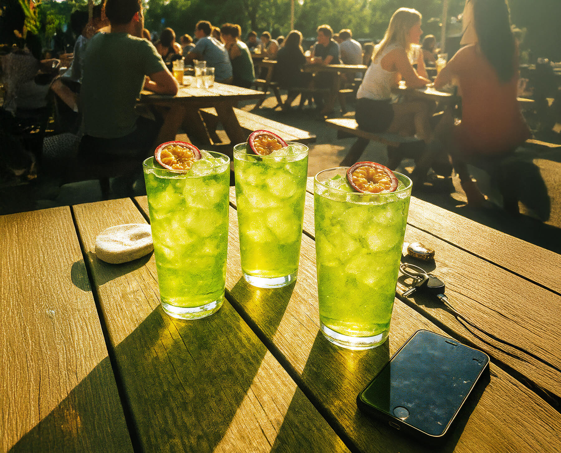 tre gröna drinkar Green Flag på en uteservering