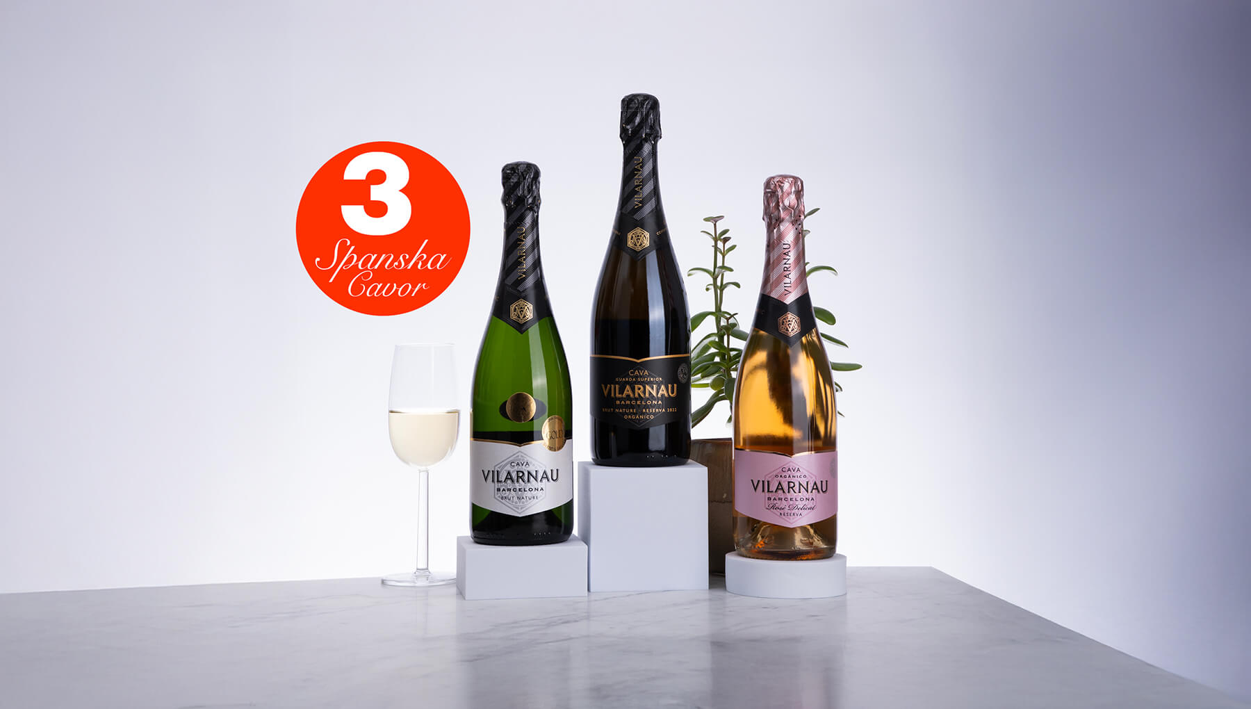 tre bubblande viner cava med blomma